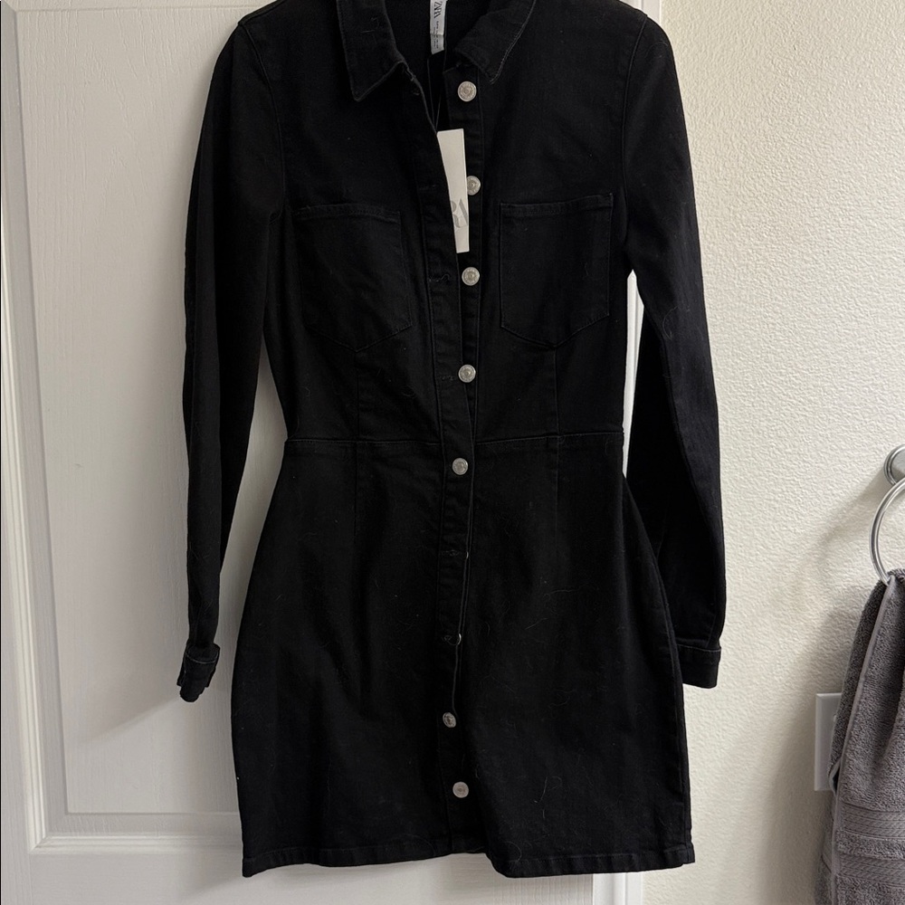 Zara Black Long Sleeve Denim Dress